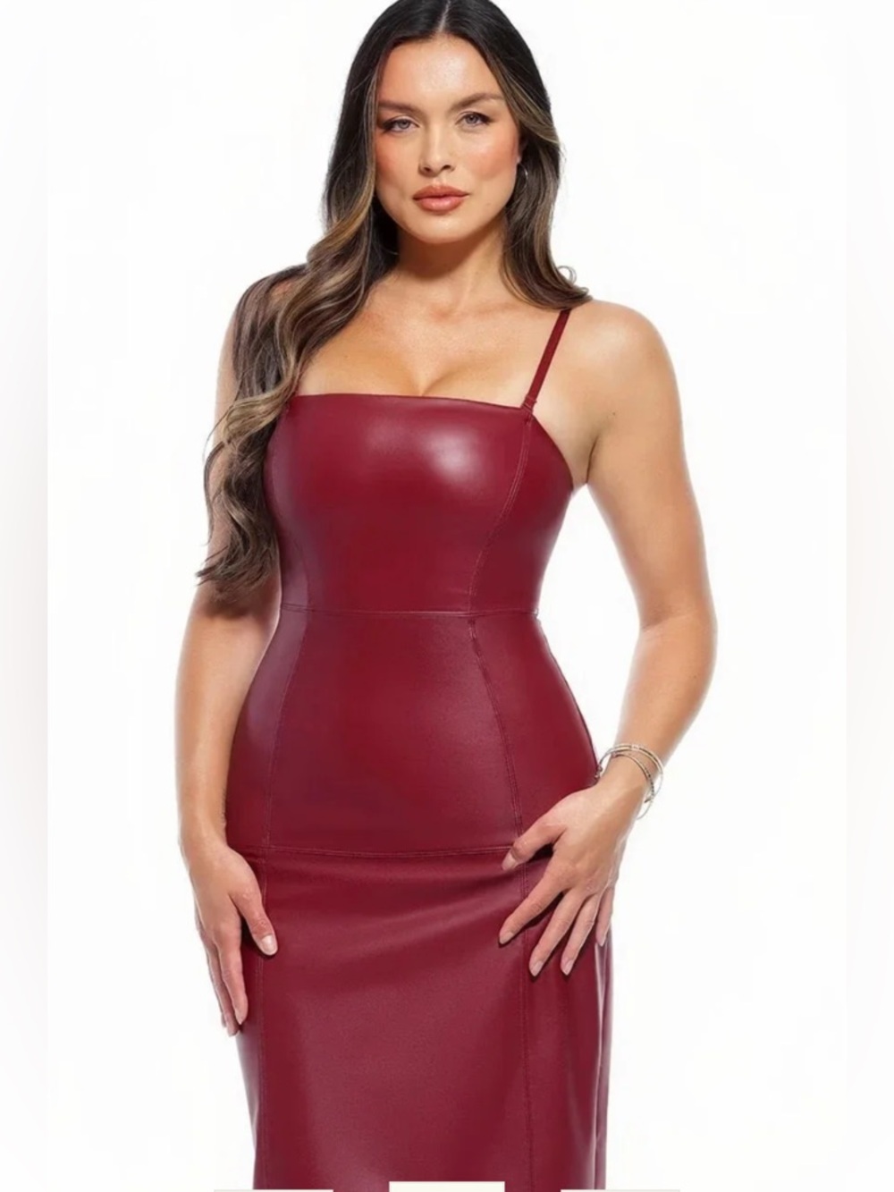 Polilush Faux Leather Burgundy Bodycon Dress with Spaghetti Straps